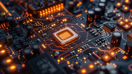 Fototapete - Detailed close-up of a computer chip showing intricate circuits and components.