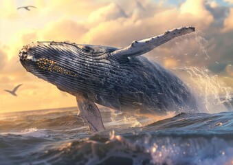 Sticker - AI generated illustration of a whale breaching at sunset, with golden light and water droplets