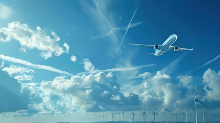 Poster - AI generated illustration of a passenger airplane flying high above the clouds during sunrise