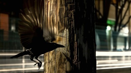   A bird perched on a wooden pole, with its wings outstretched