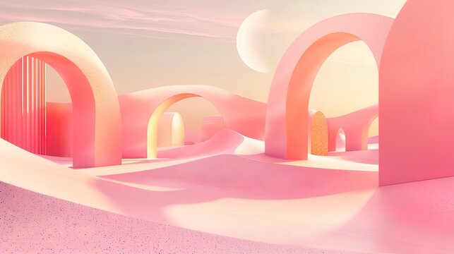 Minimalistic landscape with geometric shapes, pink neon.