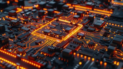 Poster - computer chip with intricate circuitry, glowing with digital pulses and signals.