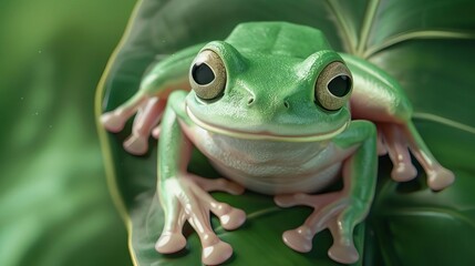 Wall Mural - cute green tree frog sitting on leaf realistic ai generated animal illustration