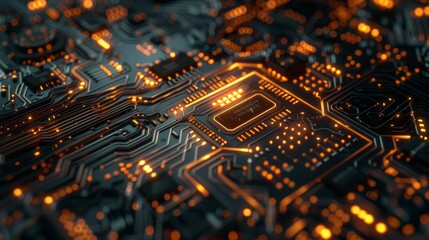 Poster - computer chip with intricate circuitry, glowing with digital pulses and signals.