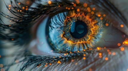 Poster - Detailed view of a human blue eye with microchip implants visible.