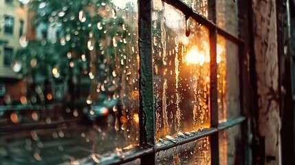 Wall Mural -   A window with raindrops on it and a building in the background, with a streetlight in the foreground