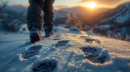 Wall Mural - hunter tracking footprints in the snow photographed using macro lens to highlight intricate details of the tracks