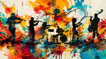 a colorful painting of a group of musicians playing instruments