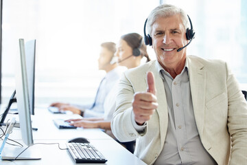 Poster - Man, portrait and happy with thumbs up in call center office with consulting, telemarketing and happiness. Customer service, manager and helpful crm or tech support agent in online retail company.