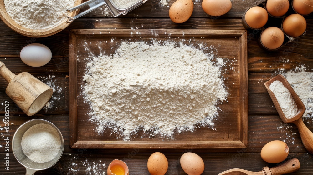 Baking Essentials Frame with Flour Texture Center - Ingredients for ...