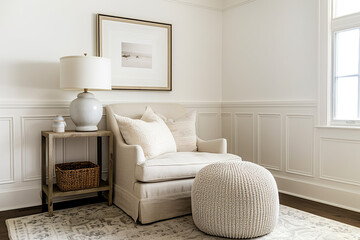 A clean and airy room with a plush armchair, an ottoman in white knit fabric, wall art above the chair, wooden side table beside it, all set against a pristine white wainscoting wall.