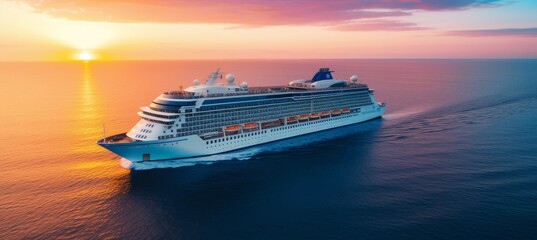 Wall Mural - Luxury cruise ship at sunset. Aerial view of mediterraneans finest liner. Luxury tourism background