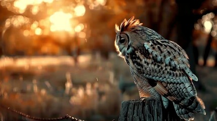   An owl perched atop a wooden post amidst a lush forest of towering grasses and trees