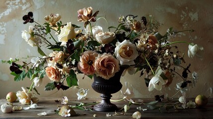 Wall Mural -   A vase brimming with blooms rests on a table, adjacent to another vase brimming with flowers