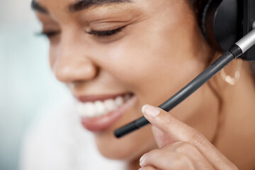 Poster - Woman, closeup and microphone on headset in office for support, customer with problem in Africa. Female consultant, smile and help with headphones for telemarketing, service for debt review or loan