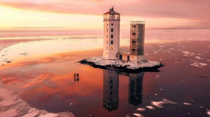 Wall Mural -   A lighthouse stands tall on a tiny island surrounded by water, with a vibrant pink sky in the backdrop