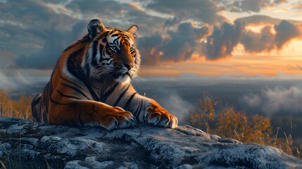 Sticker - Majestic Tiger Surveying Protected Wildlife Reserve at Dramatic Sunset