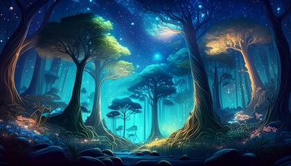 Wall Mural - A dense forest under a clear starry sky, with tall trees reaching towards the heavens. 