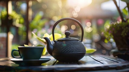 Wall Mural - Black iron teapot with tea cup on the table