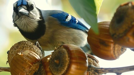 Sticker -   Blue jay perched on tree branch with acorns, green leaf in background