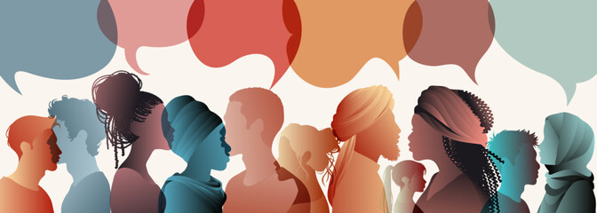 Poster - Communication across diverse cultures - Multicultural dialogue represented by colored silhouette and speech bubbles of multiethnic individuals. Diversity equality inclusion concept