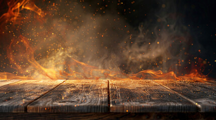 Fire licking the edge of a wooden table, fire particles and smoke filling the air, with a dark backdrop, creating a bold setting for product displays.