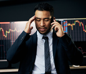 Poster - Stock market crash, phone call and business man stressed with headache for falling graph and economy statistics. Data, male person or trader talking on mobile with pc update for financial investment