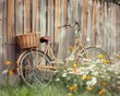 © Pornarun - rusty bicycle leaning against wooden fence next to meadow full of flowers
