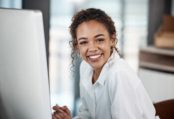 Poster - portrait, smile and business woman on computer in office for career, job and startup company. face, 