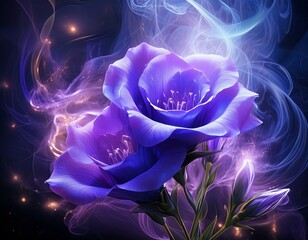 A beautiful l and fantastical illustration of purple Lisianthus, or Prairie gentian, flower with magic and smoke.