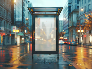 Empty bus stop advertisement mockup in a busy urban setting, sleek glass frame, vibrant city life around, high-detail, ready for promotional content.vector illustrations