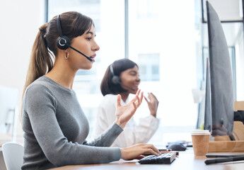 Poster - Call center, talking and woman with headset, keyboard and customer service in office and hand. CRM, telemarketing and people with tech support, speaking and agent on desk in agency and computer