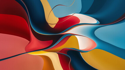 Wall Mural - A captivating abstract painting featuring a harmonious blend of deep red, blue, and yellow hues. The colors intertwine, creating fluid lines and forms that dance across the canvas. 