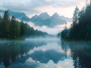 Poster - Misty Mountain Lake at Dawn Serene Natural Landscape Reflecting Peaceful Atmosphere