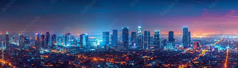 A stunning panoramic view of a vibrant city skyline at night with ...