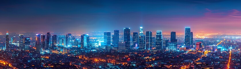 A stunning panoramic view of a vibrant city skyline at night with illuminated skyscrapers and colorful lights creating a breathtaking urban landscape.