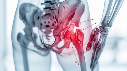 Sticker - a person hip pain, overlaid with a red hologram and diagram of the hip joint