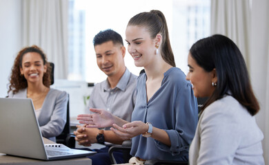 Aufkleber - Business people, laptop and virtual meeting for idea, strategy or collaboration on group project at office. Employee, workers and teamwork for planning, brainstorming and online marketing on computer