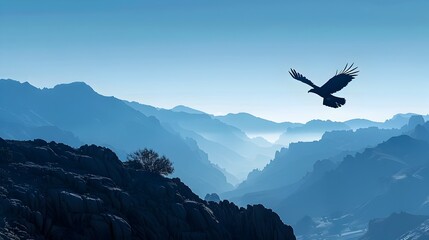 Poster - Majestic Eagle Soaring Over Rugged Mountain Landscape with Dramatic Skies and Natural Serenity