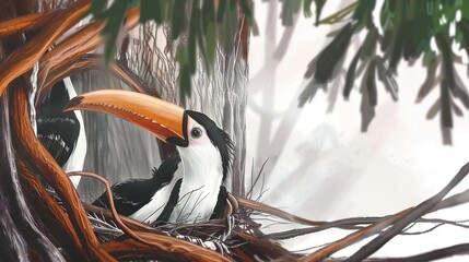 Poster -   Toucan bird on nest in tree with other bird