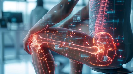 Detailed view of a person hip pain, overlaid with a red hologram and diagram of the hip joint