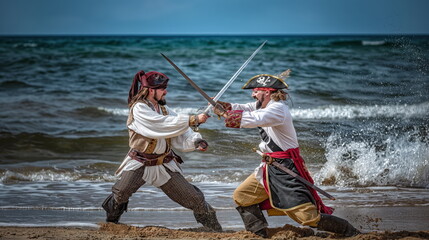 pirate dueling with a rival captain on the beach, swords clashing in the sand