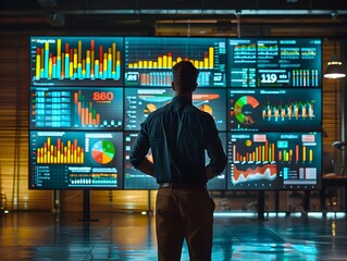 Poster - Business Analyst Presenting Positive Financial Results to Engaged Audience on Large Digital Screen