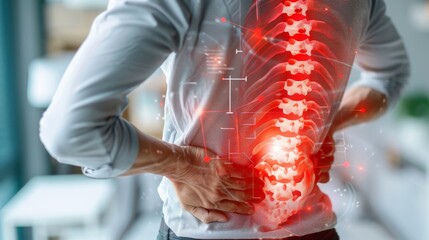 Wall Mural - Detailed view of a person upper back pain, overlaid with a red hologram and bone diagram