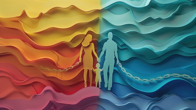 A striking paper art piece of a family holding hands, transitioning from warm to cool colors. The layered design represents balance and unity through contrasting elements.