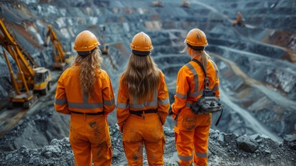 Wall Mural - team of industrial workers inspect sand quarry and check industry machine for stone crusher, belt co