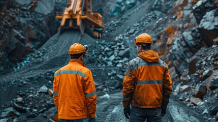 Wall Mural - team of industrial workers inspect sand quarry and check industry machine for stone crusher, belt co