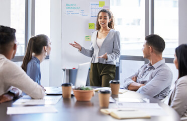 Poster - Collaboration, meeting and presentation with business people in boardroom of office together for training. Computer, workshop or whiteboard with man and woman employee team at work for development