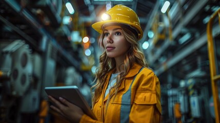Wall Mural - Three Diverse Multicultural Heavy Industry Engineers and Workers in Uniform Walk in Dark Steel Factory Using Flashlights on Their Hard Hats. Female Industrial Contractor is Using a Tablet Computer