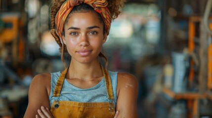 Wall Mural - Waist up portrait of mixed-race female worker posing confidently while standing with arms crossed in factory workshop